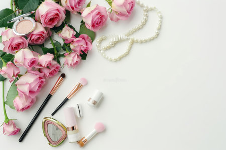 A sophisticated display of fresh pink roses, makeup items, and pearl accessories, artfully laid out.の素材