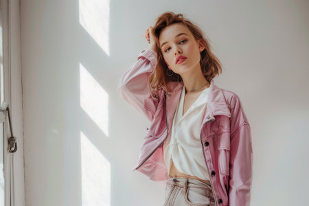 A stylish woman in a pink jacket stands confidently in a bright, airy space, exuding elegance.の素材