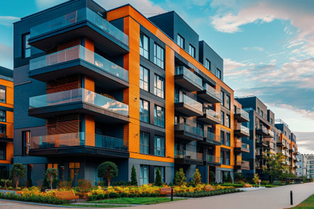 Sunset casts a warm glow on a contemporary apartment complex with vibrant orange accentsの素材