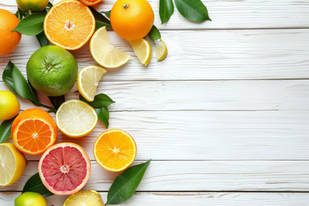 Colorful collection of fresh citrus fruits with leaves, displayed elegantly on a rustic backgroundの素材