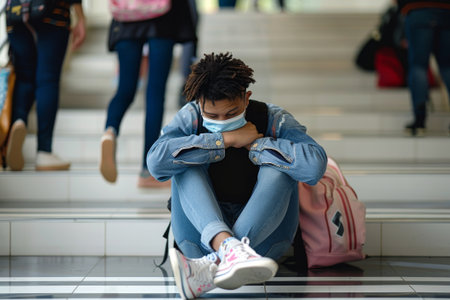 Young student sits alone on the floor in a university hallway, wearing a face mask and looking down at their lap. Other students are walking by in the backgroundの素材