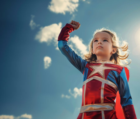 Spirited little girl stands proudly in a Superman costume against a vibrant blue sky, embodying the empowering concept of girl power.の素材