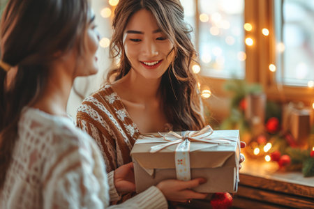 Asian woman holding a present created with generative AI technologyの素材