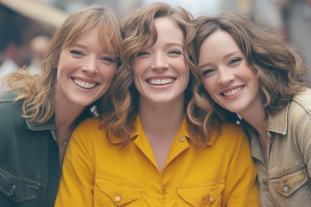 Trio of friends basks in a moment of unadulterated joy, their laughter radiating contagious happinessの素材