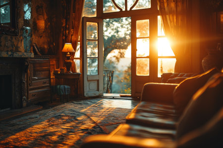 Early morning light gently filters through the rustic windows, casting a golden glow over the vintage furnishings created with generative AI technologyの素材