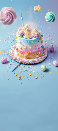 A towering birthday cake with pastel icing celebrates amidst floating balloons and a shower of confetti.の素材