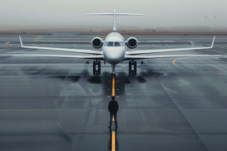 Solitary figure stands before a sleek private jet, moments before boarding as the first light touches the tarmac.の素材