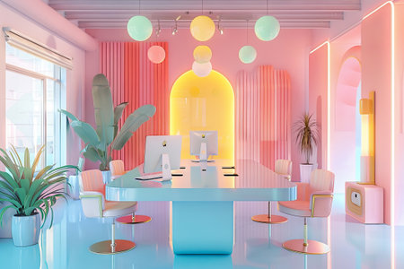 Pastel-colored office with minimalist design infused with soft evening light.の素材
