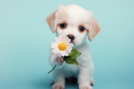 This adorable puppy sits gently gripping a flower, showcasing pure innocence and joy in a whimsical pastel world.の素材
