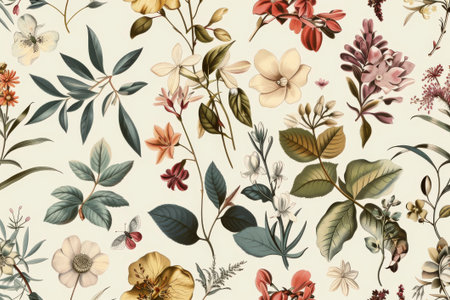 A seamless pattern showcasing an array of vintage botanical illustrations with flowers and leaves in warm, muted hues, exuding a charming, timeless elegance.の素材