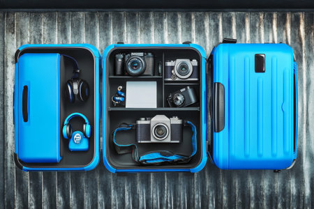 A bright blue camera bag showcases an array of professional photography equipment, thoughtfully organized for a creative journey.の素材