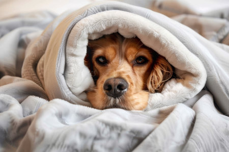 Charming English cocker spaniel enveloped in a comfy blanket, gazing with gentle eyesの素材