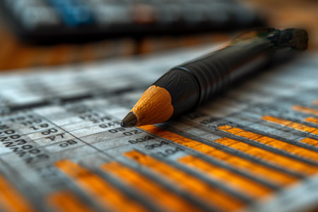 A sharpened pencil lying atop detailed financial spreadsheets indicates meticulous auditing work.の素材