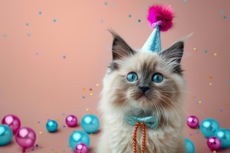 A fluffy Ragdoll kitten sits adorned with a colorful party hat, pink bowtie, and beaded necklace against a whimsical pastel pink backdrop.の素材