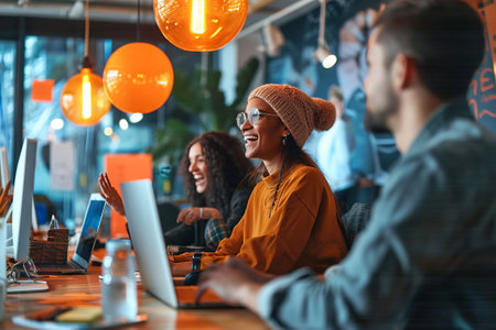 A group of professionals share a light-hearted moment, displaying camaraderie and enthusiasm while working together in a contemporary office setting with stylish interior design. Generative AI.の素材