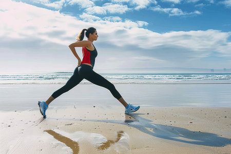 An athletic woman stretches her legs on a sandy beach at sunset, preparing for a run along the waters edge.の素材