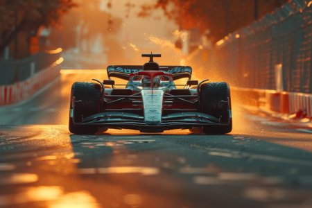 A Formula car races on a wet track, its tires cutting through the reflections of a fiery sunset.の素材