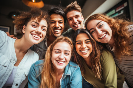 Group of happy young people taking a picture together created with generative AI technologyの素材