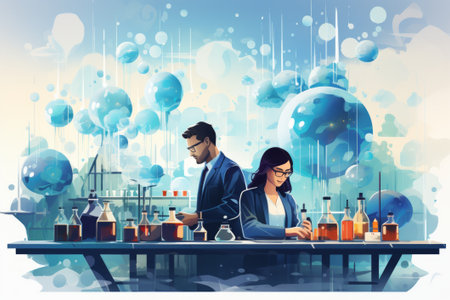 Man and woman in a lab created with generative AI technologyの素材