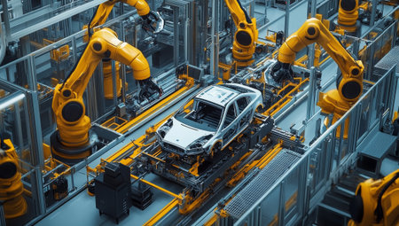 Robotic arms diligently work along the assembly line, crafting vehicles in a modern automotive manufacturing facility.の素材