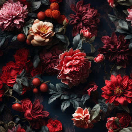 Dark Victorian red flowers on the wall seamless pattern tile, created with generative AIの素材