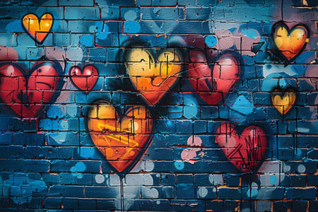 A colorful array of hearts painted in graffiti style decorates an urban brick wall, blending hues of red, orange, pink, and blue, symbolizing love and unity.の素材