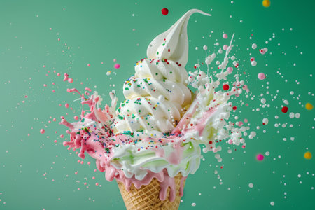 Three matcha ice cream cones topple amidst a vibrant burst of pink sprinkles against a fresh green backdrop.の素材