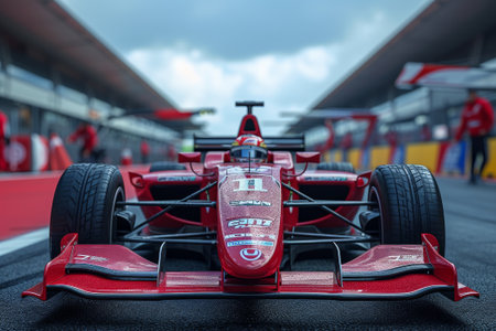 A Formula car poised on a wet pit lane, ready to roar onto the racing track under overcast skies.の素材