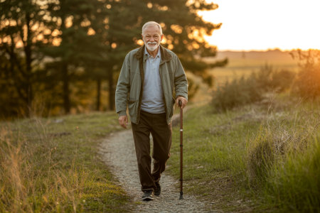 An older man walks confidently down a winding path surrounded by nature. The warm glow of the sunset casts a golden light, highlighting his joyful expression and sturdy cane.の素材