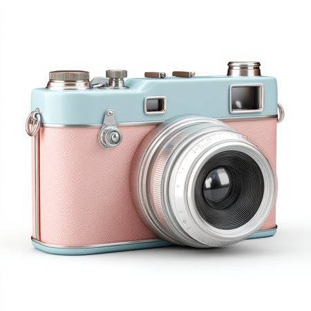 Delightful pastel vintage camera stands out with its cartoonish design, perfect for adding a playful touch to any photography collection.の素材