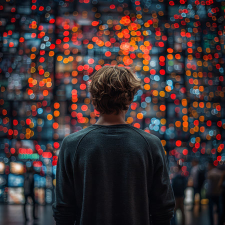A man interacts with a vibrant, digital interface, surrounded by the glow of city lights on a brisk evening.の素材