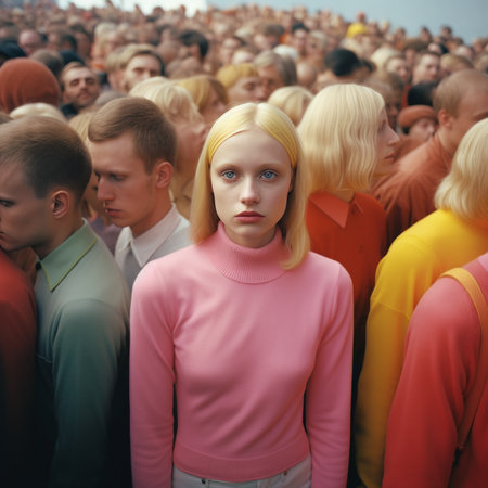 Young lonely woman in the crowd, created with a generative AIの素材