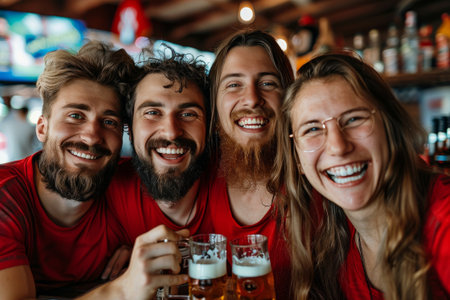 Four friends share laughter and beer at a lively bar, clad in vibrant red fan gear.の素材