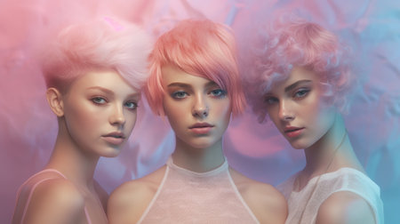 Three modern futuristic short hair young women on the pastel background, created with generative AIの素材