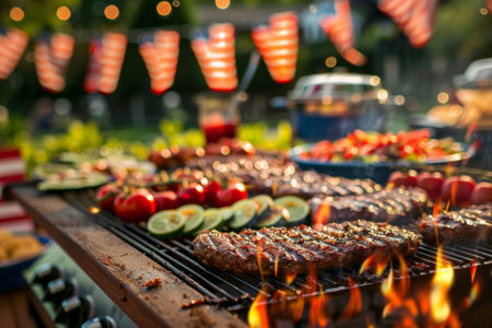 Close-up view of sizzling skewers on a hot grill at a lively Independence Day celebrationの素材