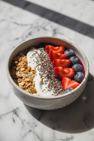 A nutritious breakfast bowl filled with creamy yogurt, crunchy granola, and vibrant strawberries and blueberries sits on a marble table in bright light.の素材