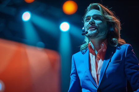 Charismatic speaker with a headset captivates attendees at an inspirational seminar, confidence radiating from the stage.の素材