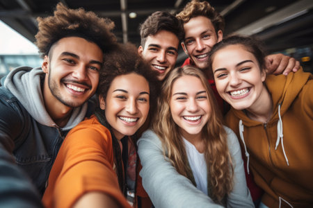 Group of happy young people taking a picture together created with generative AI technologyの素材