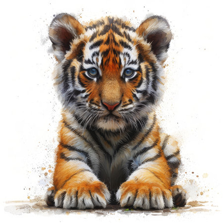 Bengal tiger cub sits with paws forward and ears perked up, displaying an intricate pattern of stripes and a soft fur coat. Its captivating blue eyes and alert expression suggest curiosity and attentiveness. The light brown, black, and white colors of the cubs fur are vivid against the neutral backdropの素材