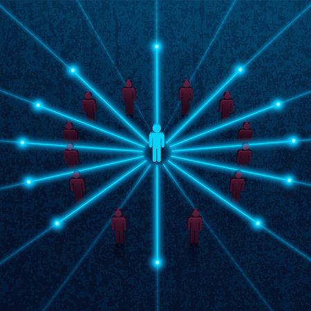 This digital artwork depicts a network of connections where one person stands out in the center.の素材