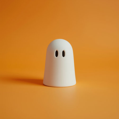 A small white ceramic ghost figure stands upright on an orange surface. The simple design features two small black eyes, evoking a playful, minimalist aesthetic that captures attention.の素材