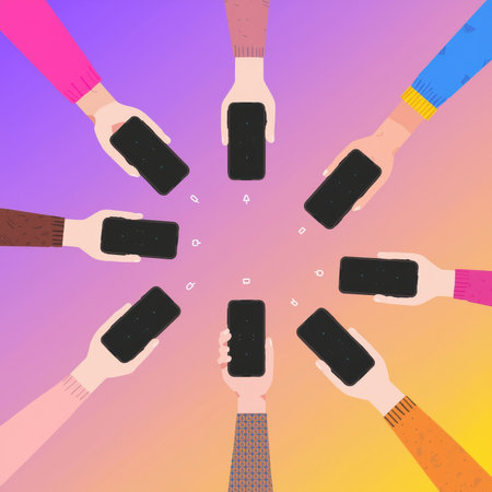 Various hands grasp smartphones, arranged in a circular formation against a vibrant background. This illustration suggests a virtual meeting or interactive discussion among participants.の素材