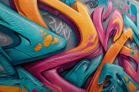 Colorful spray-painted wall showcases layered graffiti art, blending bold shapes and lively patterns in a chaotic yet captivating display.の素材