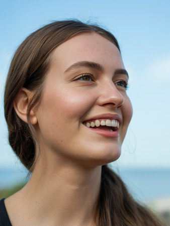 With the sun shining and waves gently lapping in the background, a young woman exudes happiness and warmth, radiating positivity and joy.の素材