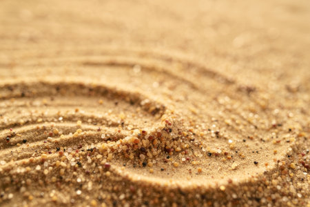 Golden grains of sand shimmer as they form delicate patterns, catching sunlight on a tranquil beach during a sunny afternoon.の素材