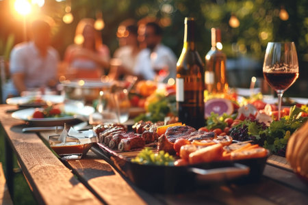 Table laden with BBQ meats and salads, with friends laughing in the background.の素材