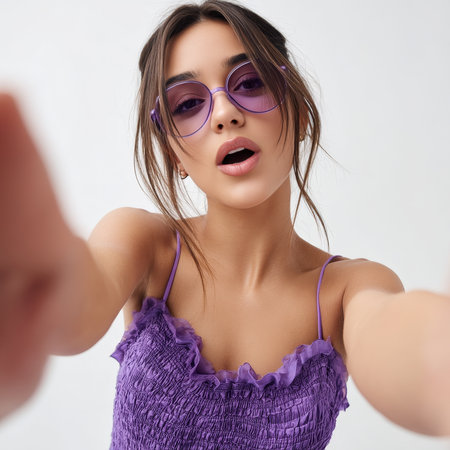 A close-up captures a surprised young woman in vibrant purple attire and bold sunglasses, highlighting her playful vibe.の素材