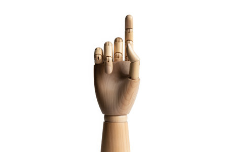 Crafted from fine wood, this elegant hand structure points upwards, symbolizing ideas, inspiration, and the essence of artistic expression.の素材