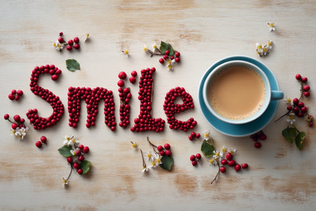 Red berries creatively spell out smile, accompanied by a steaming cup of coffee and an assortment of beautiful flowers, inviting joy.の素材