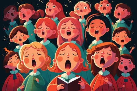 Children joyfully sing in harmony while holding songbooks, their faces illuminated with excitement under a glowing starry sky.の素材